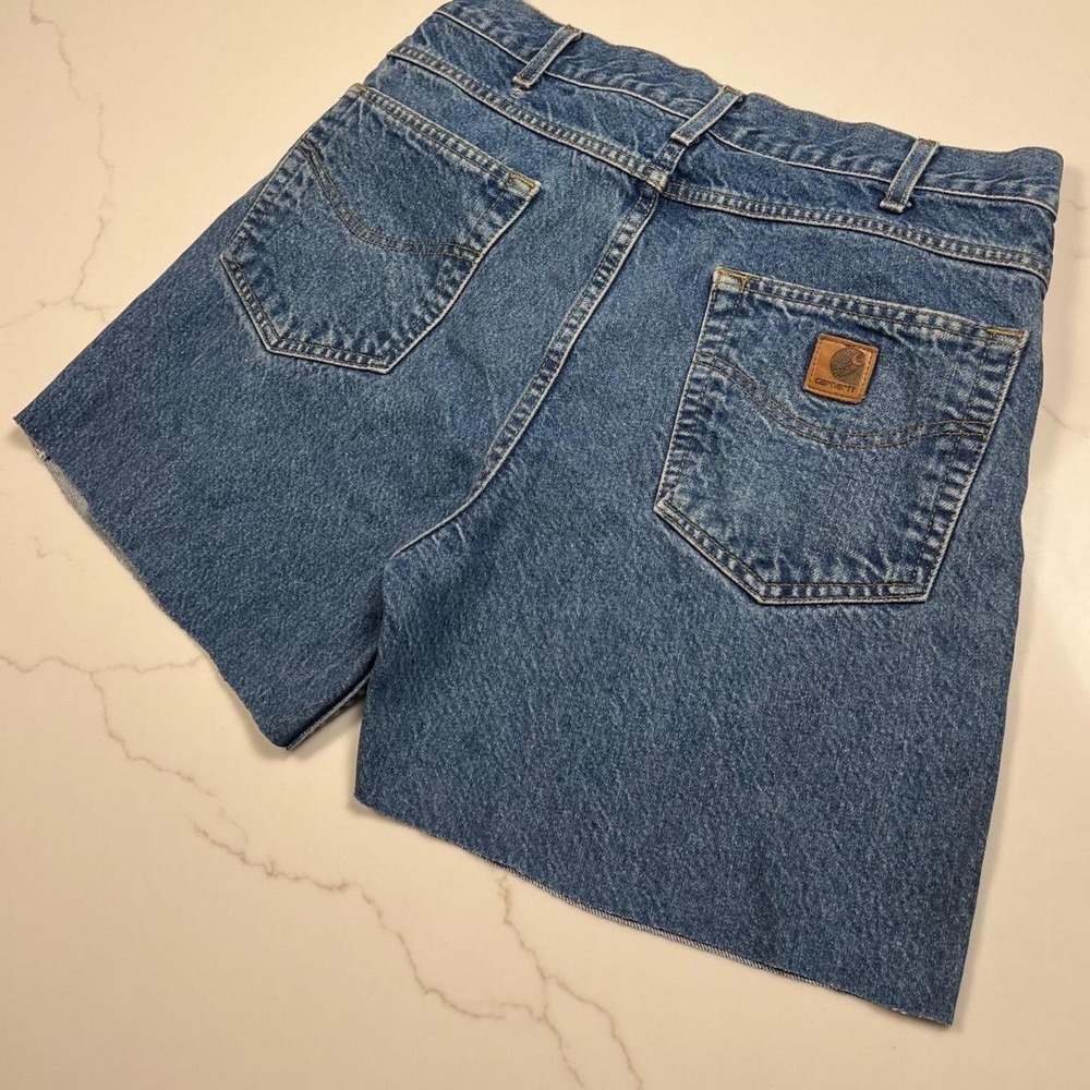 Carhartt B17DST Vintage Cut Off Denim Jean Shorts Mens 34 Blue Stonewash Raw Hem